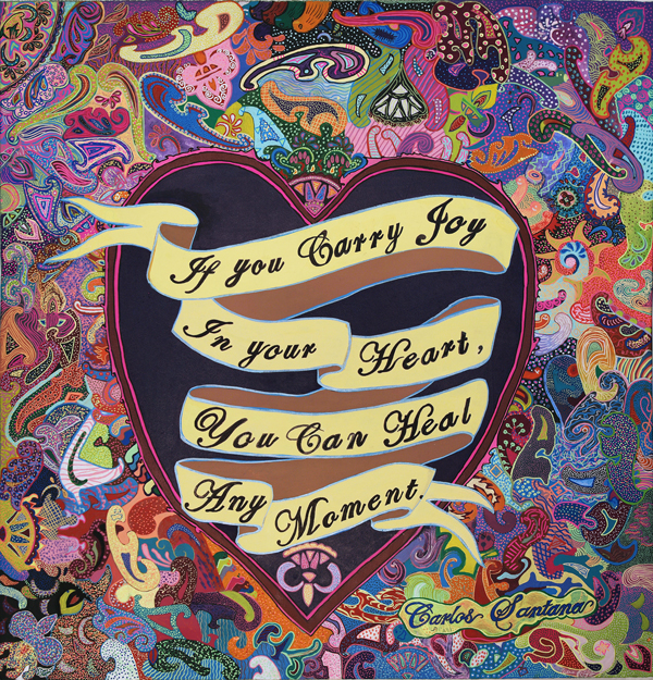 Large painting on canvas by students from TeamWorks Art Mentoring, inspired by a quote from Carlos Santana.